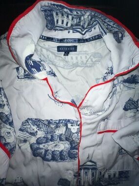 Katie Kime Washington DC Toile Scenic Print Pajama Set with Red Piping